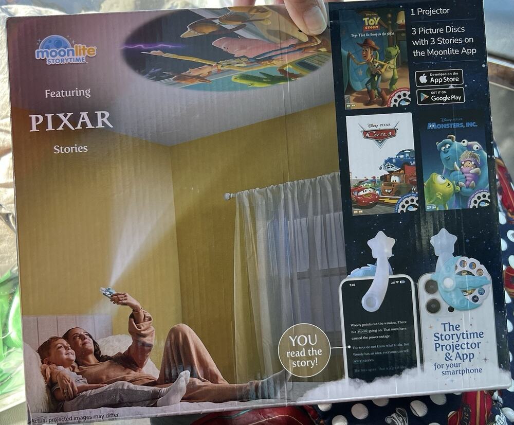 NEW Moonlite Storytime Projector W/Pixar Stories 3 Picture Discs/Stories On App.